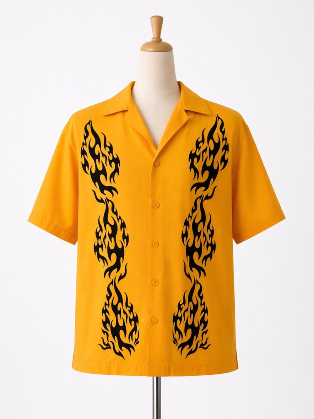 JNCO Vintage Men's Yellow Short-Sleeve Button-Down Shirt with Black Flame
